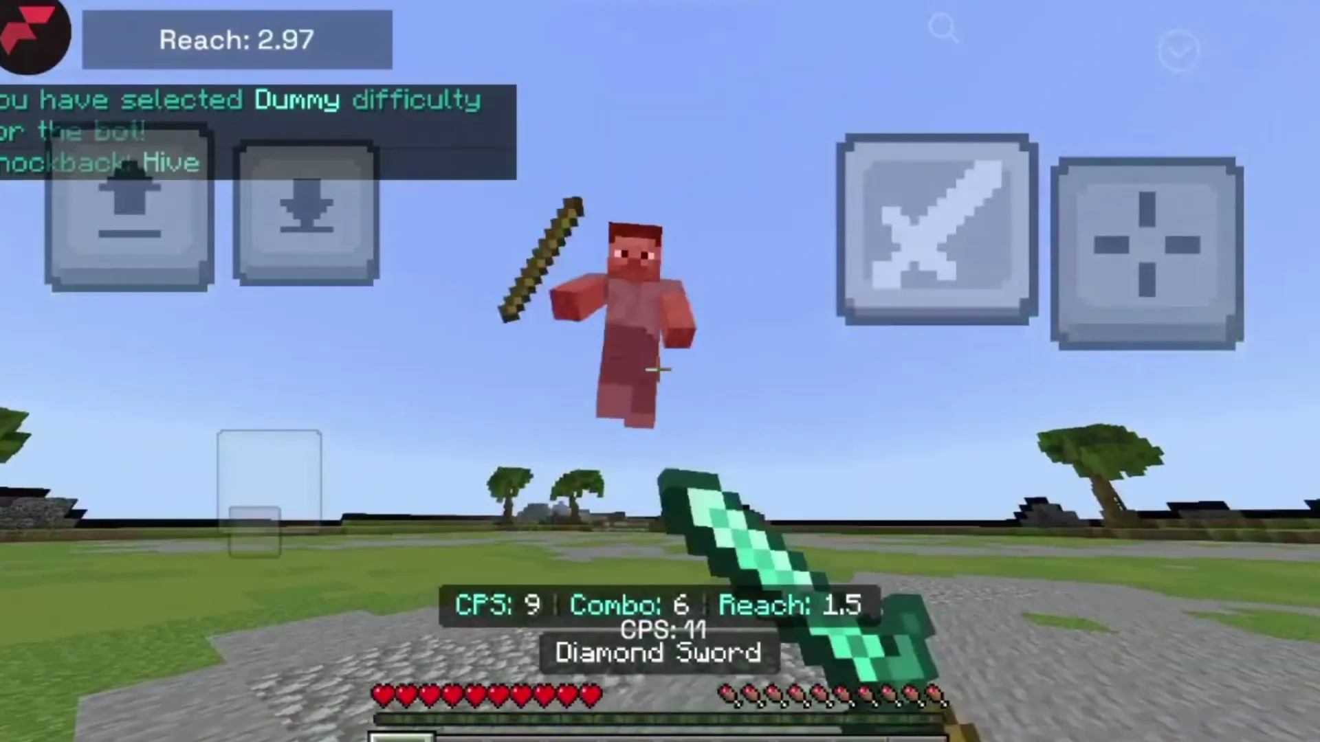 Flarial Client's CPS, combo and reach counters during a fight on Minecraft PE