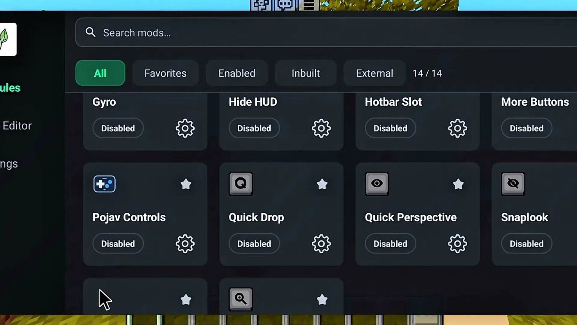 The in-game mod menu with the built-in mods