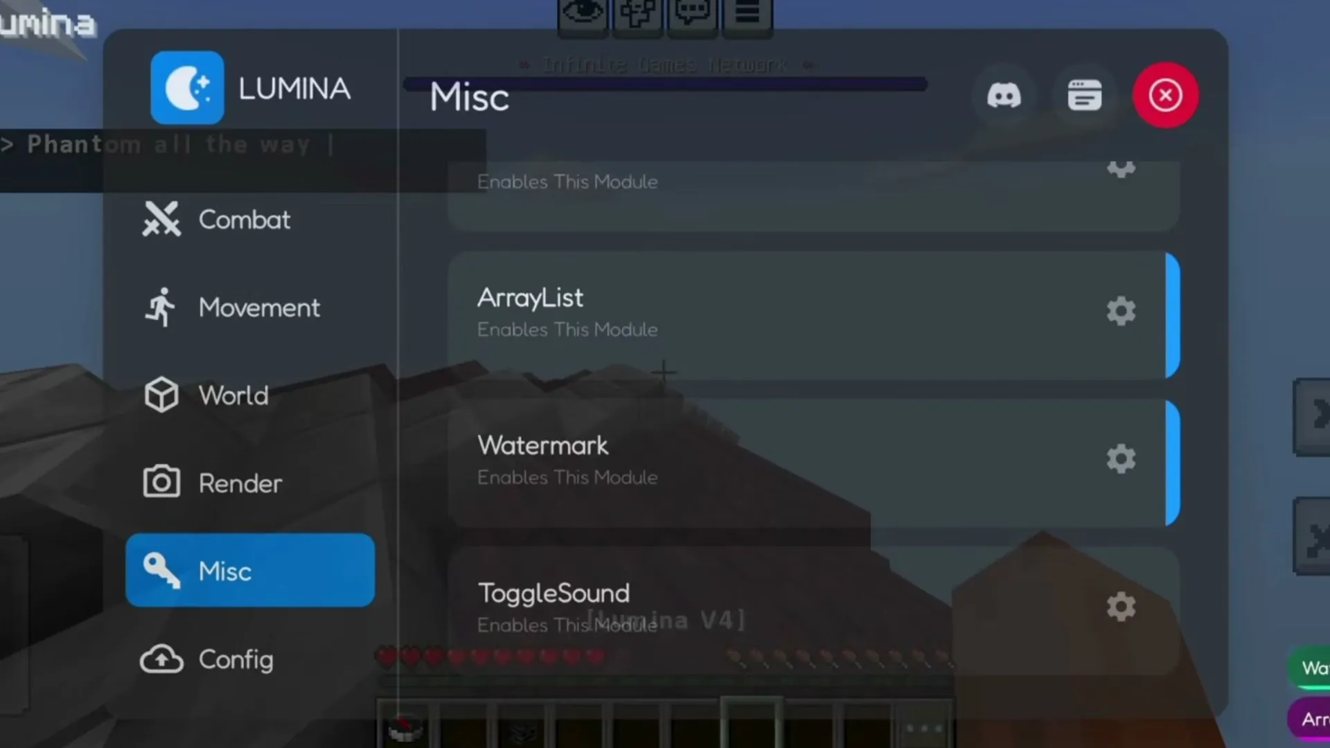 Lumina Client's Misc tab: ArrayList, Watermark, ToggleSound