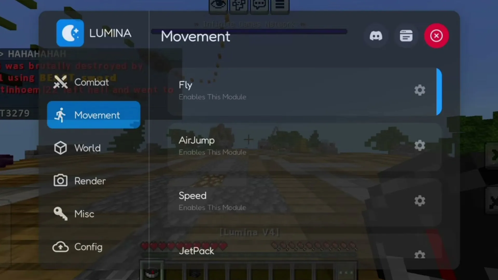 Lumina Client's Movement tab over Minecraft PE: Fly, AirJump, Speed, JetPack
