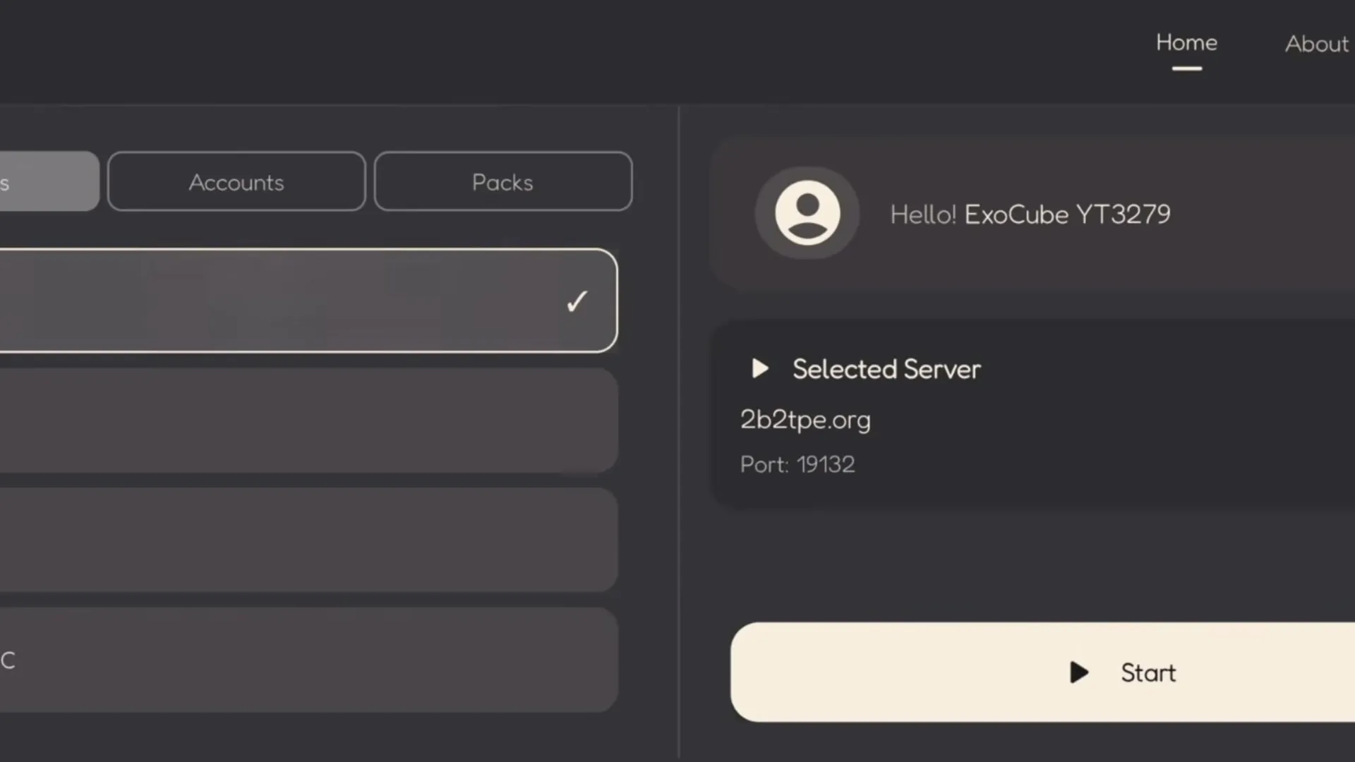 Lumina Client's server selection screen with the Start button